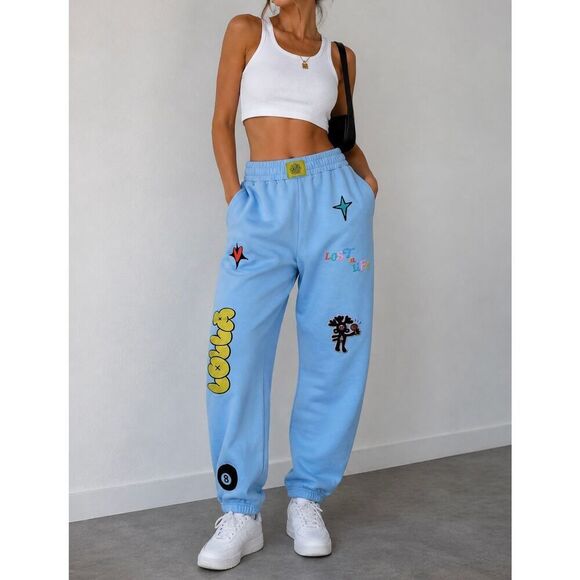 No Brand Pants - Lollapalooza Blue Graphic Sweatpants Size L Streetwear Y2K Joggers